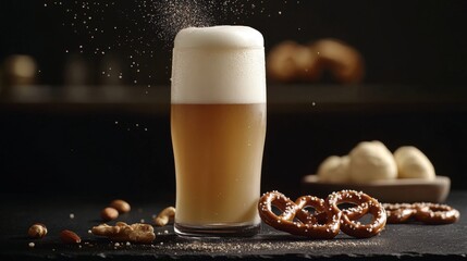 Poster - A refreshing lager poured into a glass, with bubbles rising to the top, surrounded by pretzels and nuts on a dark slate surface