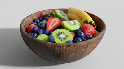 Fototapete - A rustic bowl filled with a colorful fruit salad, including strawberries, kiwi, and blueberries, arranged on a light background to showcase freshness