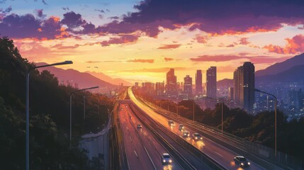 Fototapete - A scenic view of an expressway at dusk, with the last rays of sunlight illuminating the road and distant buildings, creating a peaceful yet vibrant atmosphere for evening travelers.