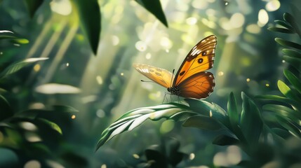 Poster - A serene image of a butterfly delicately perched on a leaf, with sunlight filtering through the foliage, highlighting the beauty of nature and its inhabitants.