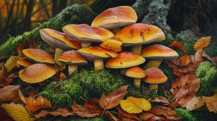 Poster - A serene image of wild mushrooms growing naturally in a lush forest, surrounded by green moss and fallen leaves, capturing the beauty of nature's hidden gems.