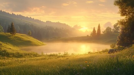 Aufkleber - A serene landscape featuring a tranquil water reservoir at sunrise, with mist rising off the surface and the sun casting warm hues over the scene