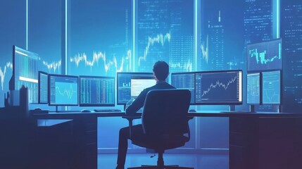 Poster - A serene office scene with a person analyzing stock market trends on multiple screens, with a focus on financial charts and market fluctuations, representing investment strategies.