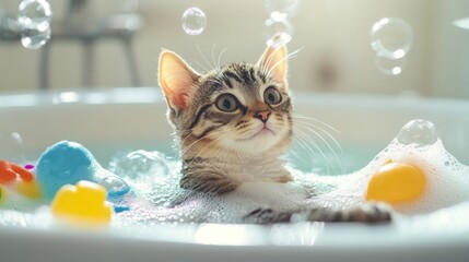 Poster - A serene scene of a cat relaxing in a bathtub, surrounded by bubbles and colorful bath toys, illustrating the calming side of bath time for pets.