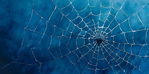 A close-up of a delicate spider web glistening against a vibrant blue background, showcasing intricate patterns and textures.