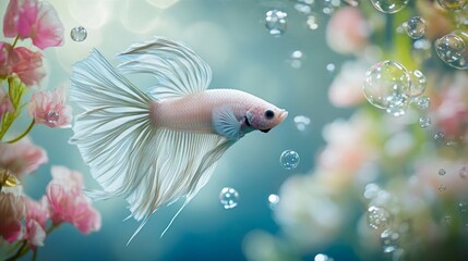 Poster - A serene underwater scene featuring a betta fish exploring its habitat, with bubbles rising and colorful decorations enhancing the visual appeal of the tank