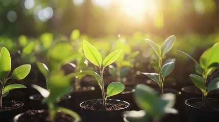 Poster - A serene view of a nursery filled with various tree saplings, ready for planting, with sunlight streaming through the leaves, creating a nurturing environment
