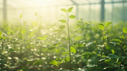 Poster - A serene view of a nursery filled with various tree saplings, ready for planting, with sunlight streaming through the leaves, creating a nurturing environment