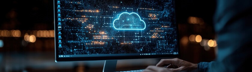 Poster - Person using a computer to scan data from a cloud storage service for information retrieval