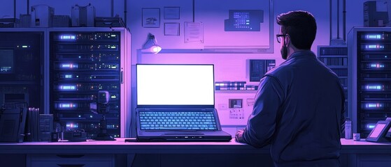 Poster - Man sitting in dark room staring at computer screen with focused expression and minimal light