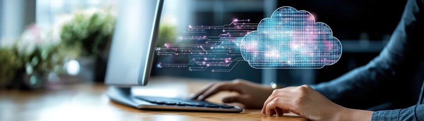 Poster - Person engaged in cloud computing using a laptop in a modern office environment