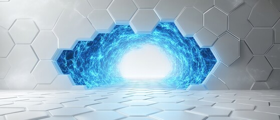 Poster - Blue and white abstract background with circular hole in the center for graphic design use