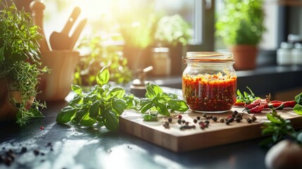 Poster - A spicy condiment jar filled with homemade chili paste, surrounded by fresh herbs and whole spices, set on a kitchen counter with a warm, inviting atmosphere.