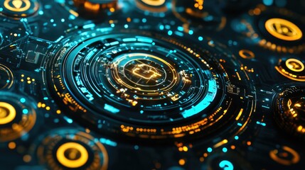 Poster - Cryptocurrency exchange market with digital assets trading over a neon blue background.