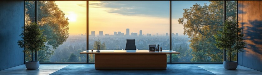 Poster - Desk with laptop and stationery in a room overlooking a city skyline through large windows