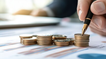 Aufkleber - Hand with Pen Counting Coins for Financial Analysis and Planning