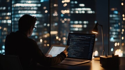 Poster - Programmer Working Late at Night in Modern Office with City View
