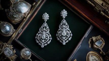 Poster - A striking photo of a pair of vintage-inspired diamond earrings with intricate designs, surrounded by antique jewelry pieces to evoke a sense of history