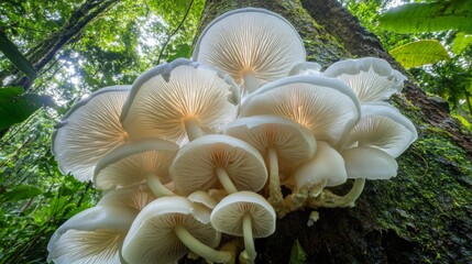 Poster - A stunning photograph of mushrooms growing on the side of a tree trunk in a dense forest, highlighting the symbiotic relationship between nature and fungi.
