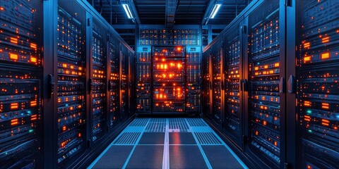 Poster - Large server room filled with multiple servers and bright lights in a modern technology environment