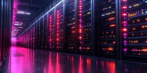 Poster - Row of multiple computer servers in a data center with blinking lights and cables connected
