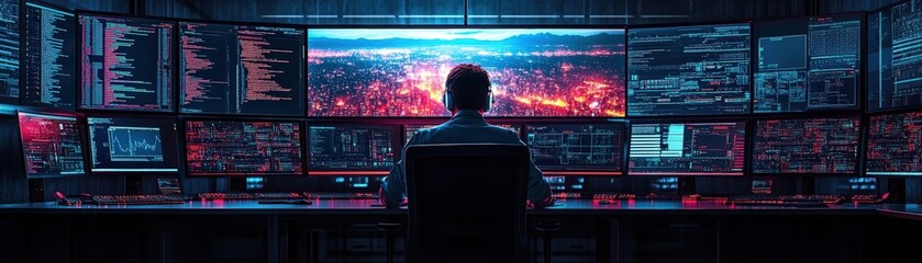 Poster - Man sitting at desk working on computer monitor in home office environment