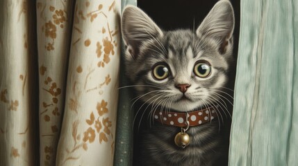 Poster - A tiny kitten with soft gray fur, wearing a polka dot collar, peeking out from behind a curtain with a playful, curious expression.