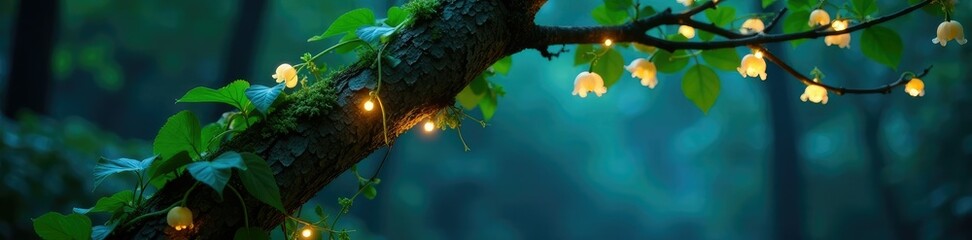 Lily of the valley vines entwined around a tree branch at night, nature, climbing, tree