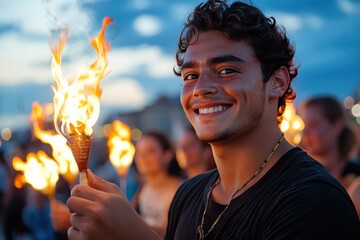 Wall Mural - This captivating image portrays a smiling young man holding a lit torch amidst a gathering, symbolizing warmth, celebration, and human connection under a twilight sky.