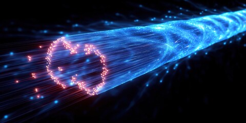 Poster - Blue laser beam creating a heart shape on a dark background in a digital art representation