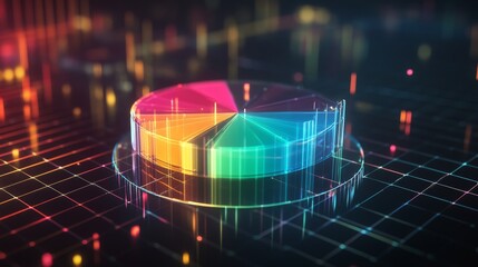 Poster - A transparent D pie chart with sleek, colorful sections rising from a reflective platform, showcasing business data against a dark backdrop with a glowing grid.