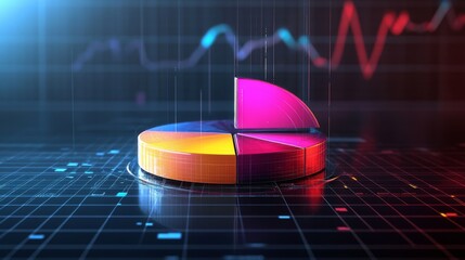 Poster - a transparent d pie chart with sleek, colorful sections rising from a reflective platform, showcasin