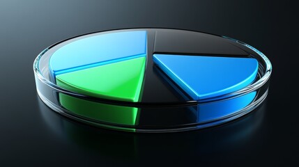 Poster - A transparent pie chart with vibrant blue and green segments, arranged in a circular layout on a dark reflective background, showcasing depth and clarity