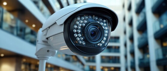 Poster - Security camera mounted on a wall in front of a modern commercial building