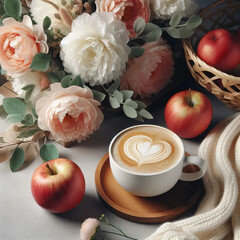 Wall Mural - cup of tea with apple and flowers