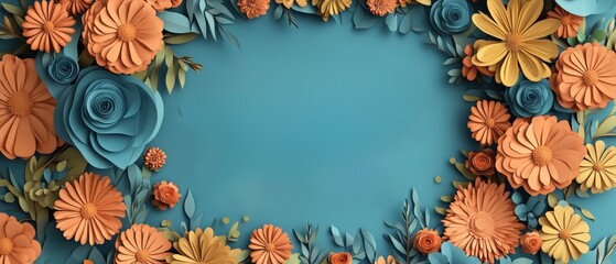 Poster - Blue background featuring vibrant orange flowers and green leaves in a minimalist composition