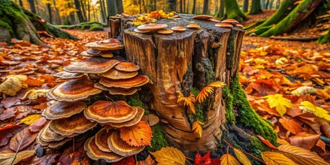 Wall Mural - Ancient Forest Stump with Bracket Fungi and Autumn Leaves - Copy Space