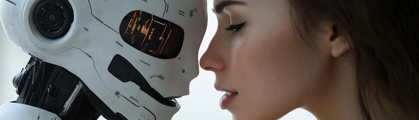 Poster - Woman observing a humanoid robot in a contemporary indoor environment with high-tech features