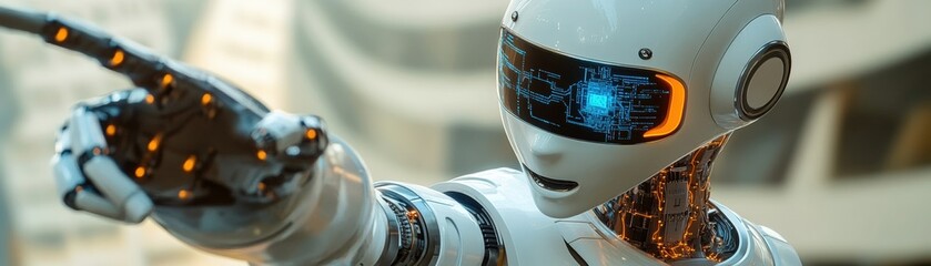 Poster - Robot pointing at a direction with a clear focus on its gesture and surrounding environment
