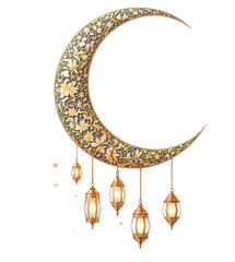 Aufkleber - Elegant Crescent Moon with Golden Lanterns and Floral Patterns on a Minimalist White Background