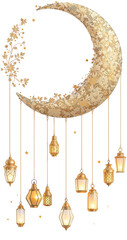 Aufkleber - Elegant Crescent Moon with Golden Lanterns and Floral Patterns on a Minimalist White Background