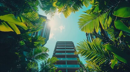 Aufkleber - Beneath a clear blue sky, tall modern buildings emerge through a canopy of lush green palm leaves