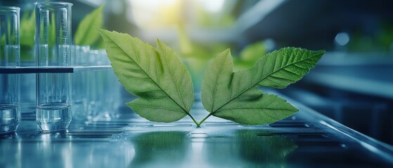 Poster - Laboratory setting with a single leaf placed on a clean white surface for scientific analysis