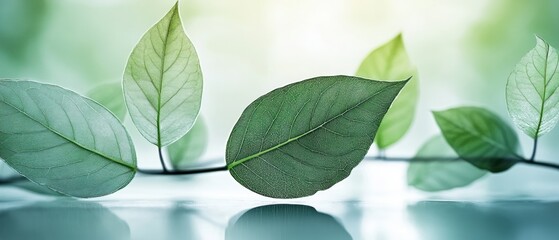 Poster - Three green leaves placed on a wooden table with natural light highlighting their textures and colors