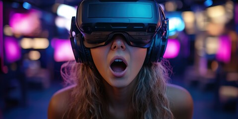 Poster - Woman using virtual reality headset in modern indoor setting with focus on technology and immersive experience