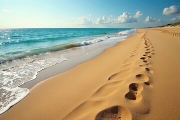 Wall Mural - rippled sand dunes, footprints fading in the tide , geology, golden hour