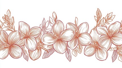 Wall Mural - A continuous line drawing of plumeria flowers in a multicolor tropical theme, including frangipani and jasmine. A minimalist black linear sketch against a white background, representing a modern