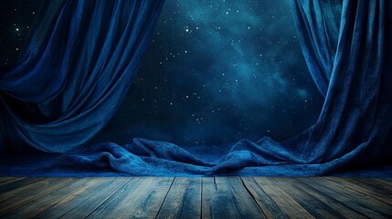 Poster - A dark blue backdrop with stars, draped in flowing fabric that creates an ethereal and dreamy atmosphere. The floor is made of wooden planks that add warmth to the scene. 