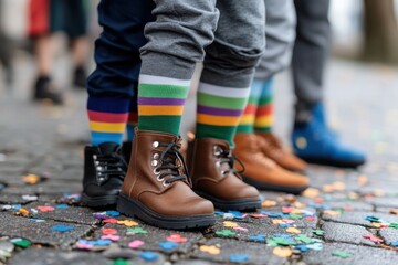 A lively display of multicolored socks peeking out from stylish boots, set against a backdrop of scattered colorful confetti on a sidewalk, evoking a festive atmosphere.