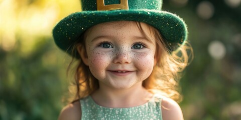 Wall Mural - A young girl wearing a St. Patrick's Day outfit, smiling brightly with a festive hat adorned with green beads.